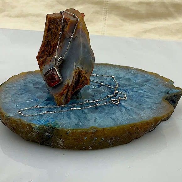 Vtg.18”Italian Sterling Silver Necklace W/Diamond Shaped Amber Gemstone Pendant - Picture 7 of 9